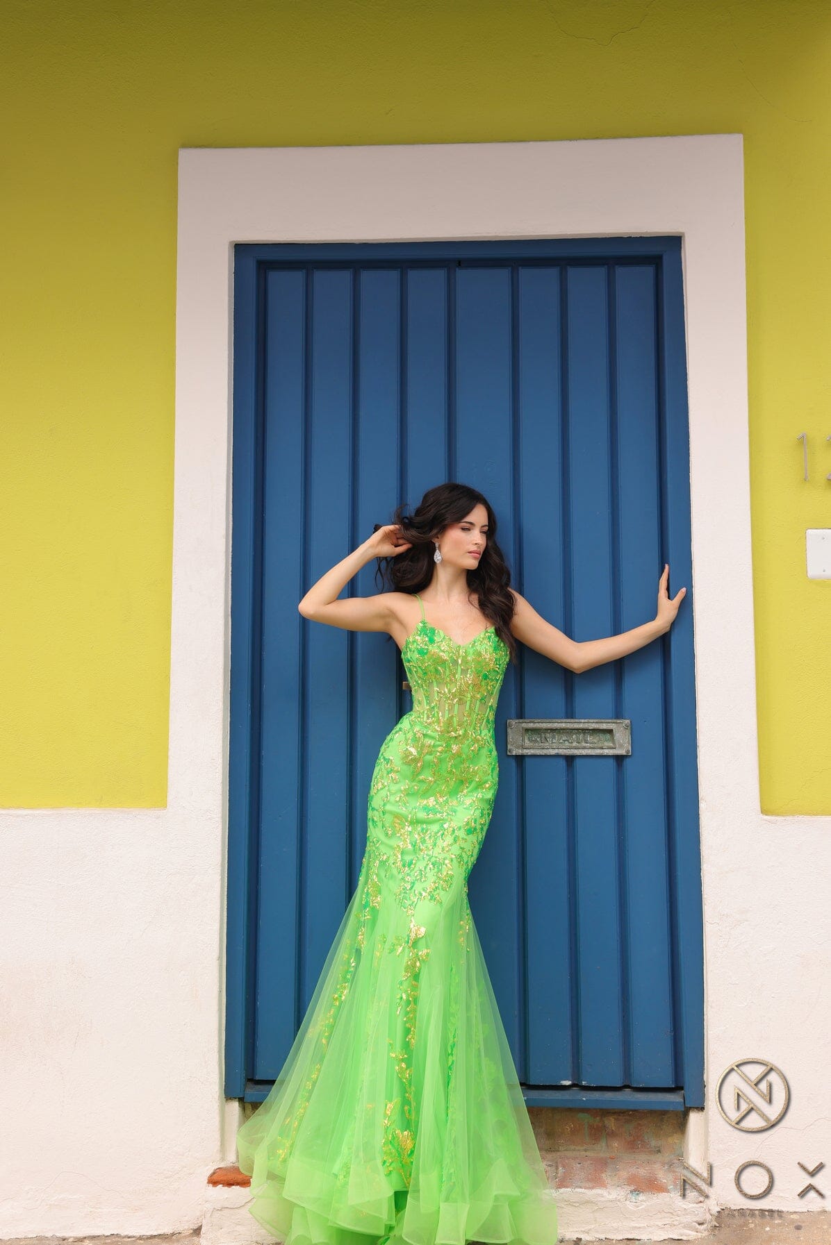 Nox Anabel Q1390 V-Neck Applique Mermaid Long Corset Evening Gown with Train