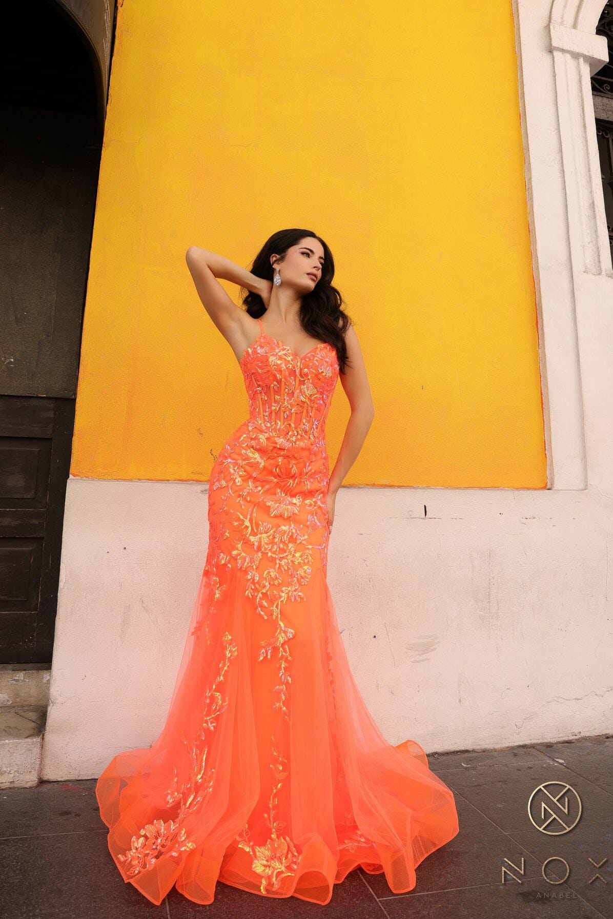 Nox Anabel Q1390 V-Neck Applique Mermaid Long Corset Evening Gown with Train