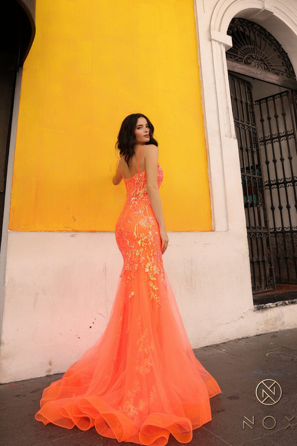 Nox Anabel Q1390 V-Neck Applique Mermaid Long Corset Evening Gown with Train
