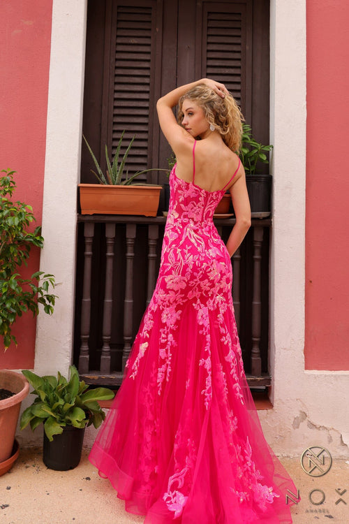 Nox Anabel Q1390 V-Neck Applique Mermaid Long Corset Evening Gown with Train
