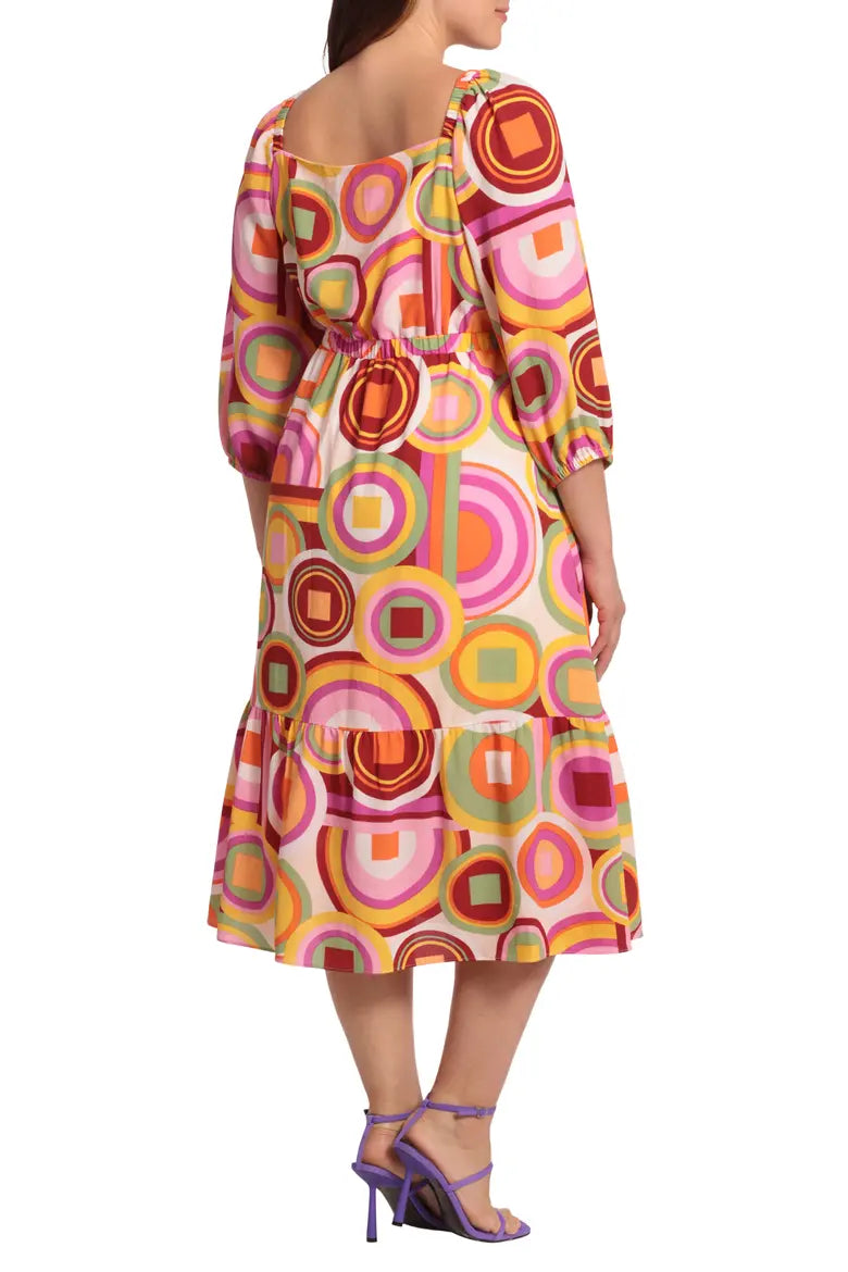 Donna Morgan D8417M Cream Orange Abstract Print 3/4 Sleeve Midi Dress