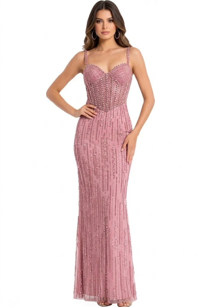 Beaded Corset Evening Gown with Spaghetti Straps Long Fitted Formal Dress by Jovani 49367