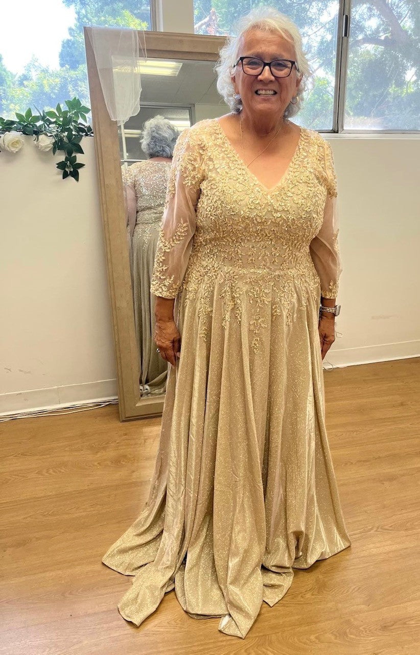 3/4 Illusion Sleeve Beaded Sequin Lace Bodice Glitter Mother of the Bride Gown by May Queen MQ2227