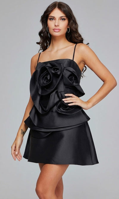 Ruffled Floral Satin Mini Dress in Black by Jovani 39750