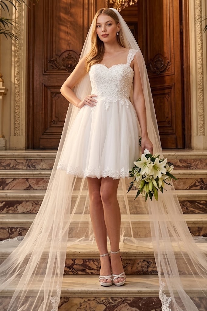 Adora Design 1004 Short Lace Applique A-Line Mini Wedding Dress