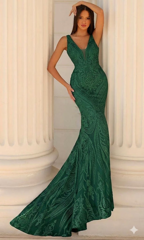 Clarisse 810584 Mermaid V-Neck Sequin Lace Limited Floor-Length Lace Dress