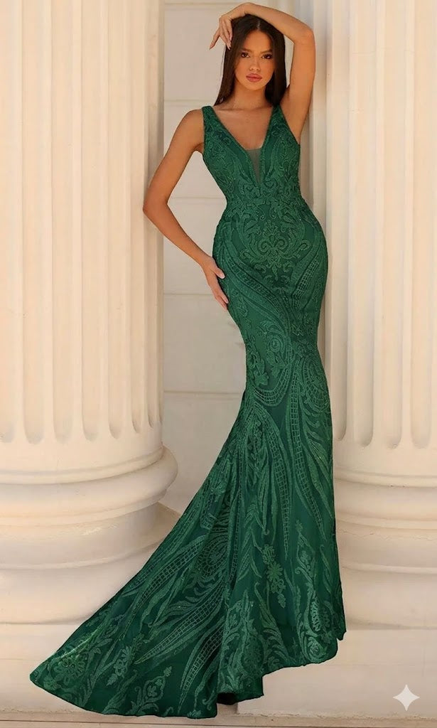 Clarisse 810584 Mermaid V-Neck Sequin Lace Limited Floor-Length Lace Dress