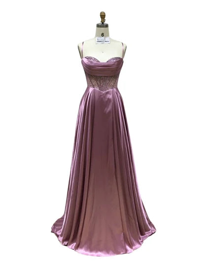 Sleeveless Beaded Corset Bodice Prom Dress High Slit & Pockets Evening Gown by Trevi L2861L