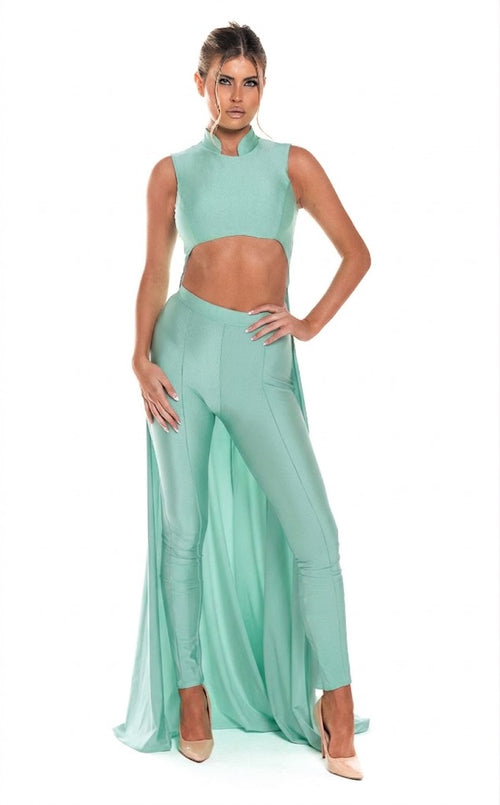 Sleeveless High Neck Cut-Out Jumpsuit with Chiffon Train Fitted Evening Outfit by Jessica Angel 863