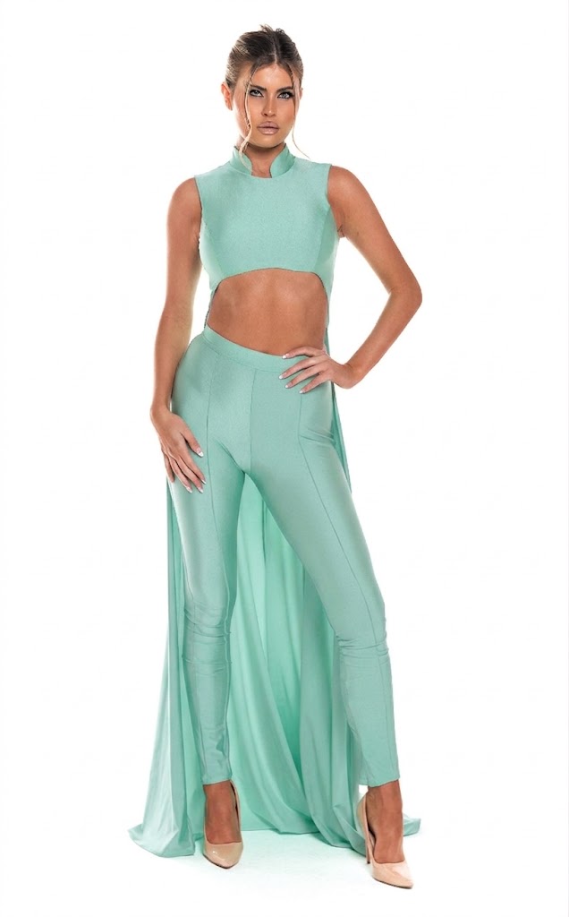 Sleeveless High Neck Cut-Out Jumpsuit with Chiffon Train Fitted Evening Outfit by Jessica Angel 863
