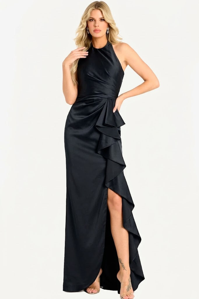 Elegant Satin Halter Neck Evening Gown with Open Back Formal Dress by Jovani 44472