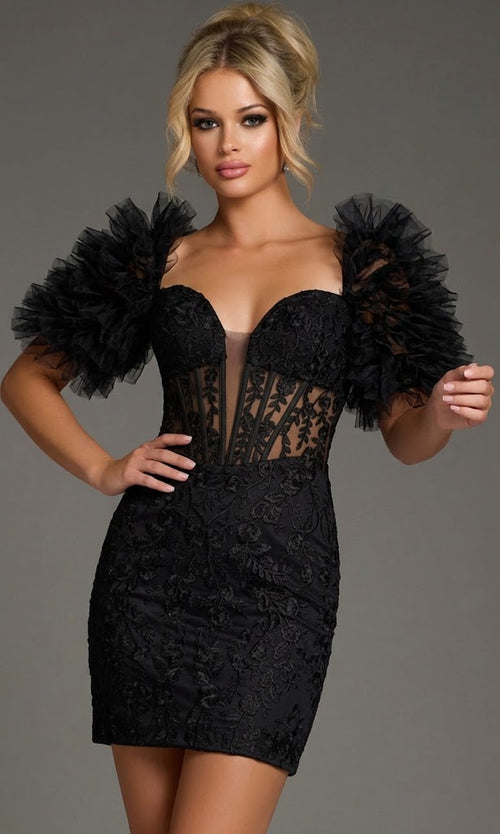 Jovani 40426 - Tulle Puff Sleeve Floral Mini Dress