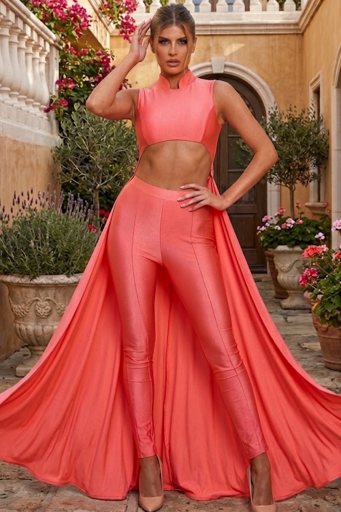 Sleeveless High Neck Cut-Out Jumpsuit with Chiffon Train Fitted Evening Outfit by Jessica Angel 863