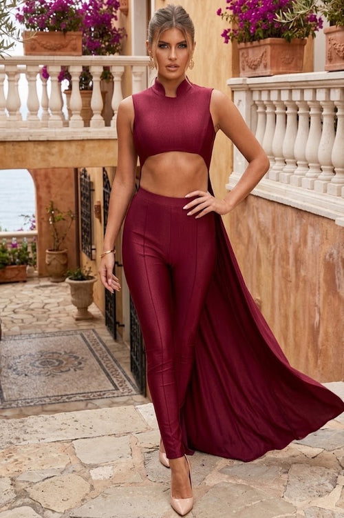 Sleeveless High Neck Cut-Out Jumpsuit with Chiffon Train Fitted Evening Outfit by Jessica Angel 863