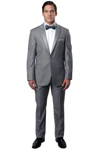 Esmoquin de corte entallado para hombre, con un botón y ribete de satén, con solapa de pico, para graduación y boda, en gris