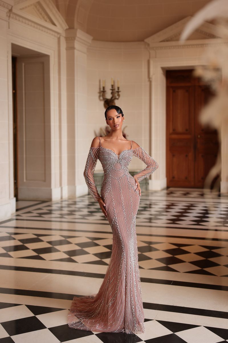 long sleeve beaded sheath dress Off-the-Shoulder Sweetheart Prom Gown vintage beaded dress