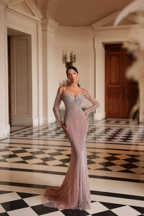 Chic and Holland HF110638 Off-the-Shoulder Sweetheart Long Sleeve Beaded Sheath Prom Gown