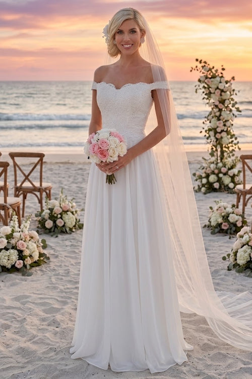 May Queen MQ1644 Off The Shoulder A-line Long Ivory Wedding Gown