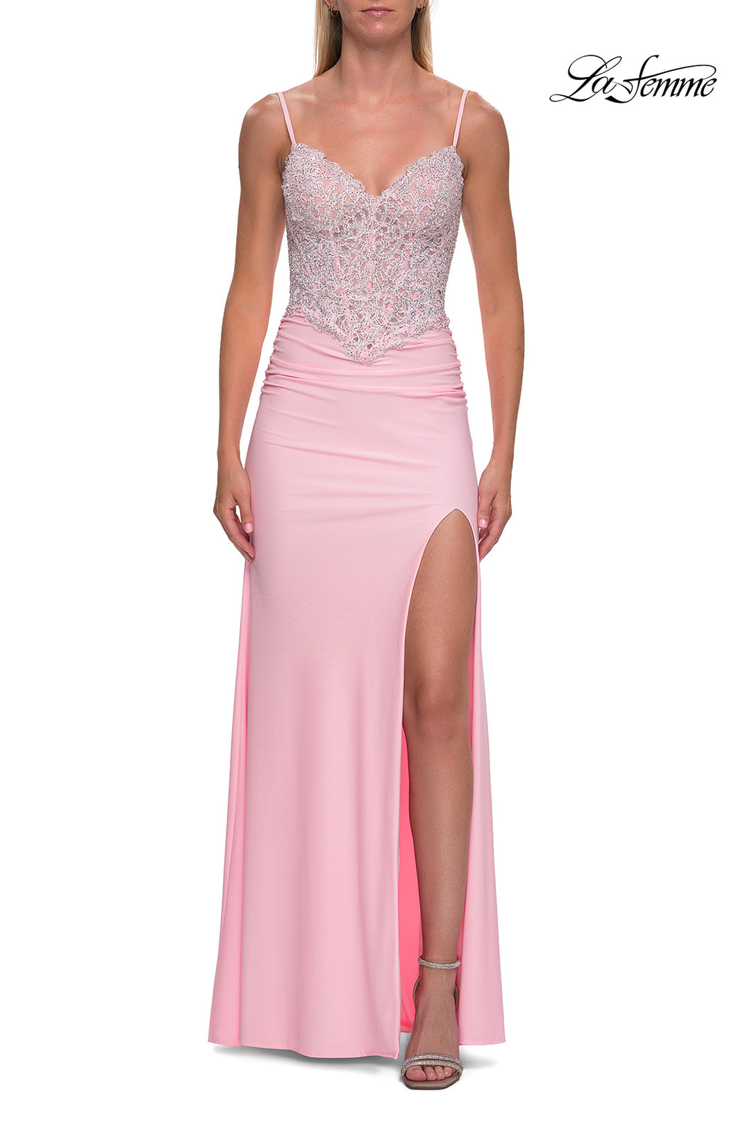 la femme light pink prom dress La Femme Women's Neon Long Dress in Luxurious Jersey in Light Coral