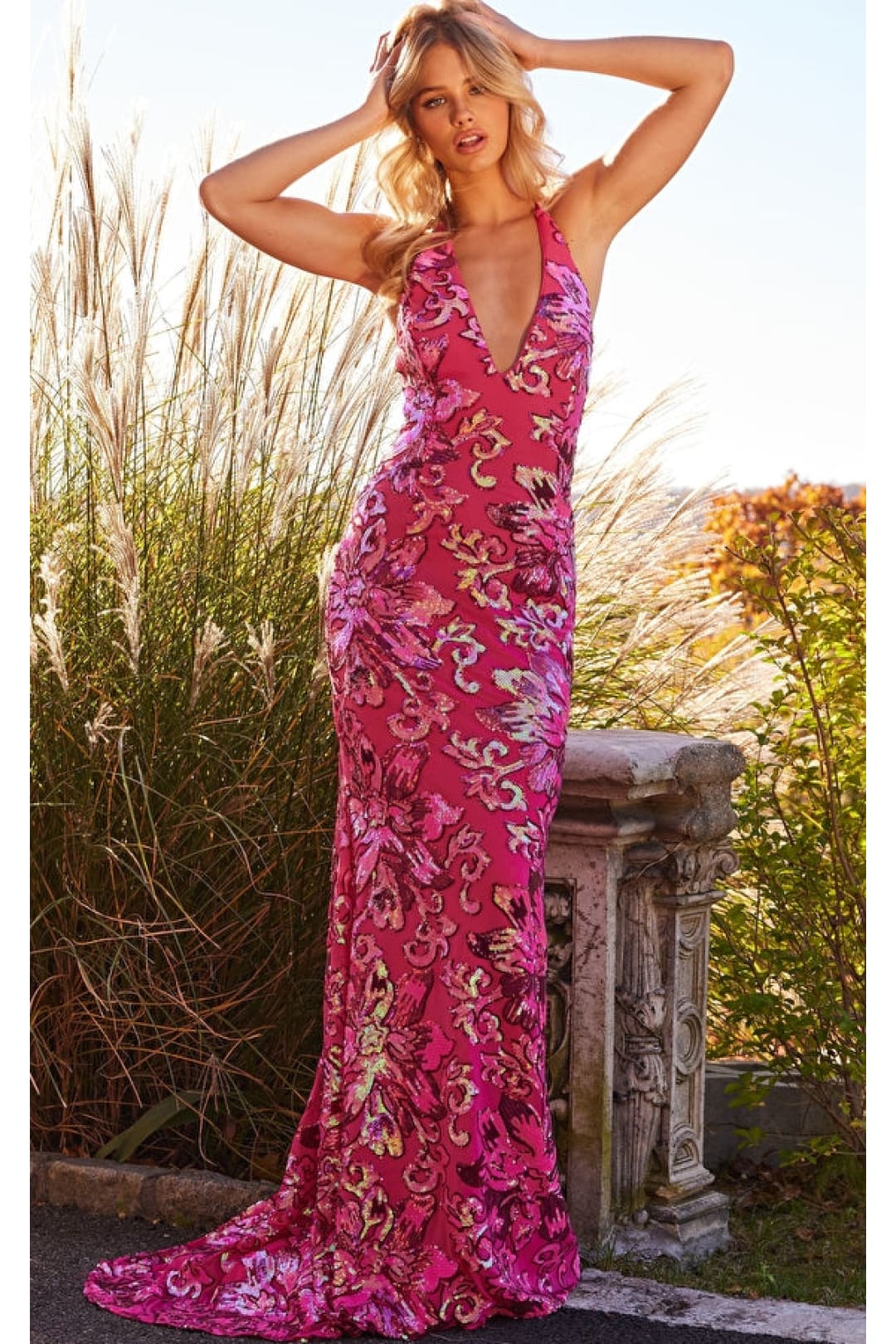 Backless Bright Neon V-Neck Jovani Prom Dress 08462 - Apparel & Accessories > Clothing > Dresses