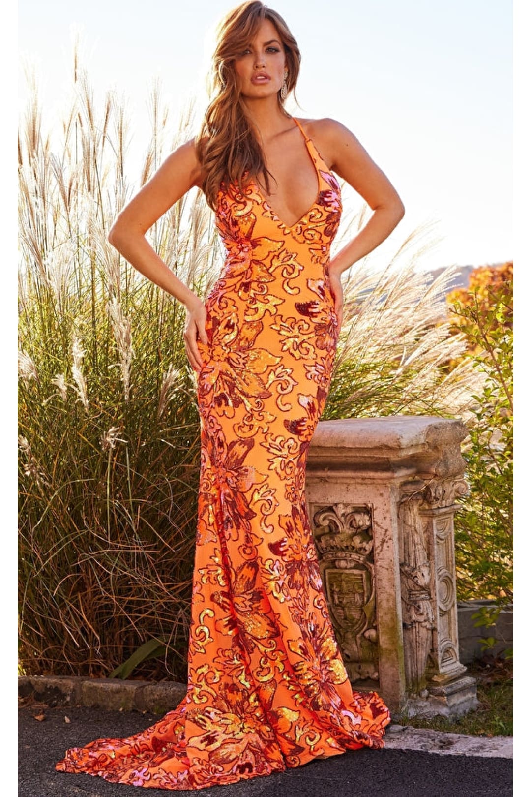 Backless Bright Neon V-Neck Jovani Prom Dress 08462 - Apparel & Accessories > Clothing > Dresses