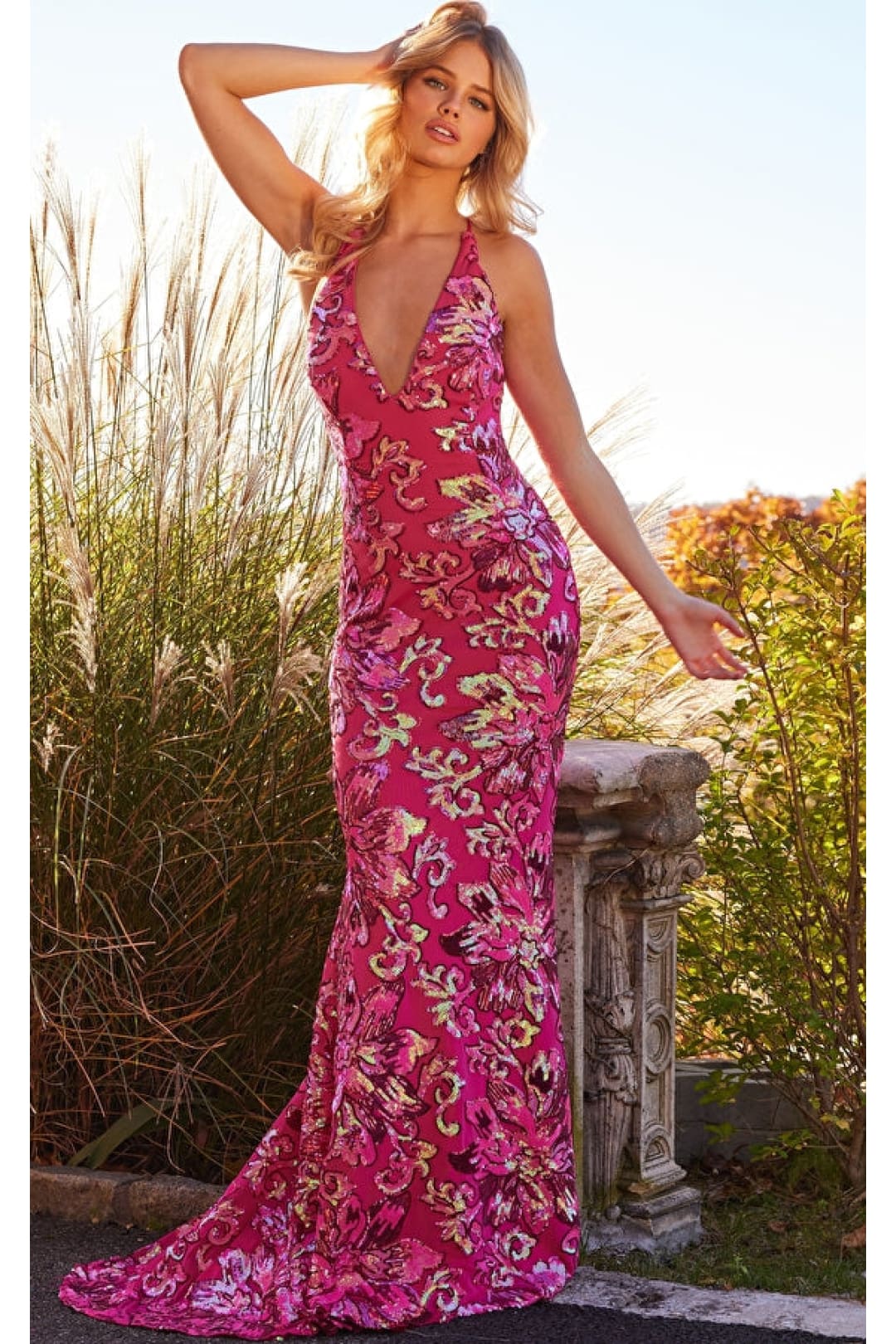 Backless Bright Neon V-Neck Jovani Prom Dress 08462 - Pink / Apparel & Accessories > Clothing > Dresses