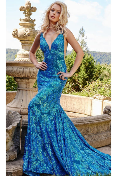 Backless Jovani Prom Dress with Sequin Pattern - Prom