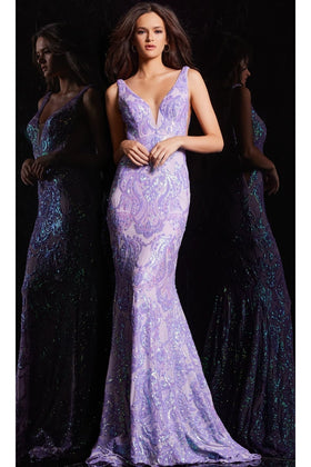 Backless Jovani Prom Dress with Sequin Pattern