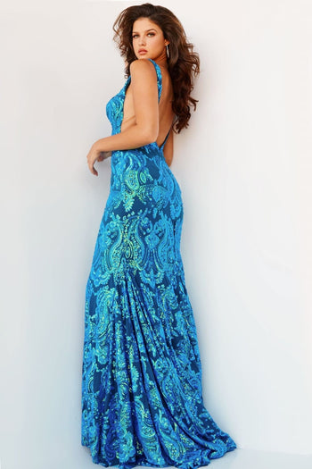 Backless Jovani Prom Dress with Sequin Pattern - Prom