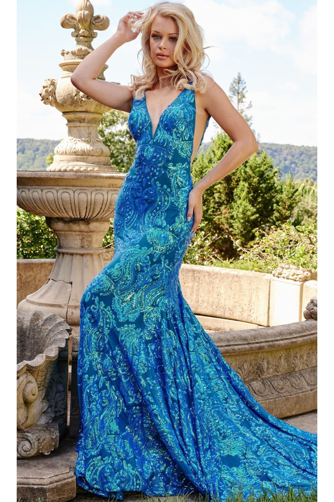 Backless Jovani Prom Dress with Sequin Pattern - Iridescent Royal / Prom