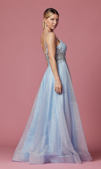 Narianna-Embroidered Sheer-Back Long Glitter Prom Dress