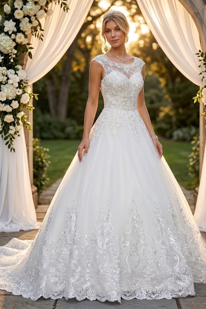 DeKlaire 456 A-Line Wedding Dress with Scoop Neck, Cap Sleeves & Chapel Train