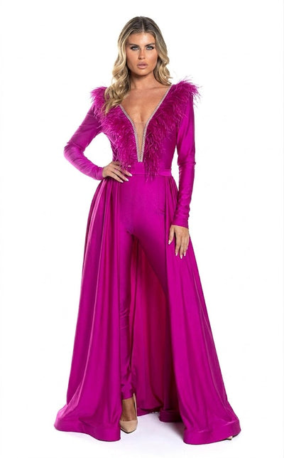 Feather Trim Long Sleeve Jumpsuit Gown with Deep V-Neck & Flowing Overskirt by Jessica Angel 864