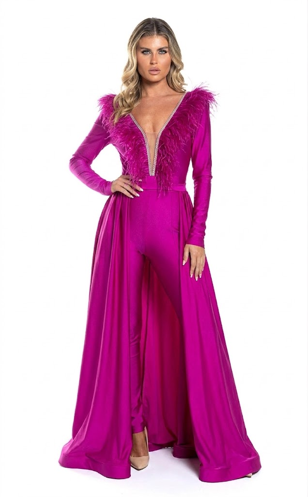 Feather Trim Long Sleeve Jumpsuit Gown with Deep V-Neck & Flowing Overskirt by Jessica Angel 864