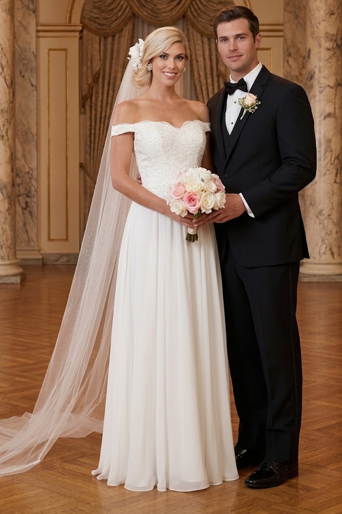 May Queen MQ1644 Off The Shoulder A-line Long Ivory Wedding Gown