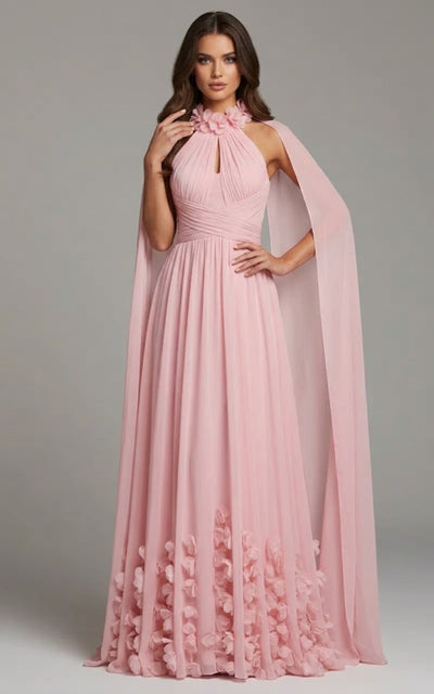 Halter Neck Chiffon Gown with Cape Back Floral Appliqué & High Slit Formal Dress by Jovani 42861