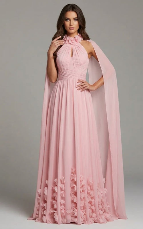 Halter Neck Chiffon Gown with Cape Back Floral Appliqué & High Slit Formal Dress by Jovani 42861
