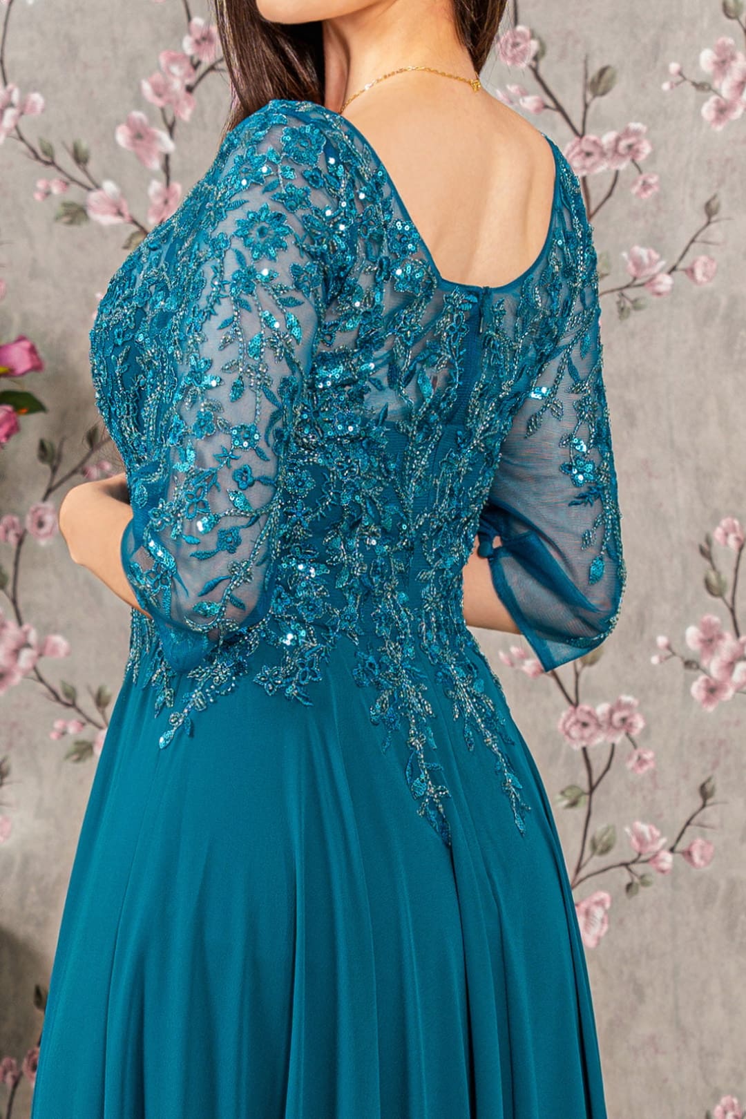 Bead Applique 3/4 Sleeve A-line Gown by GLS Gloria GL3447 - Long Formal Dresses