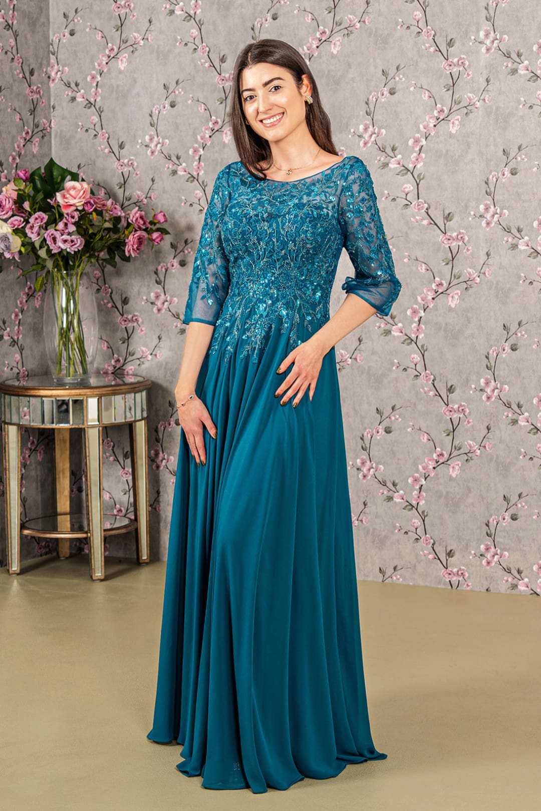 Bead Applique 3/4 Sleeve A-line Gown by GLS Gloria GL3447 - S / Teal - Long Formal Dresses