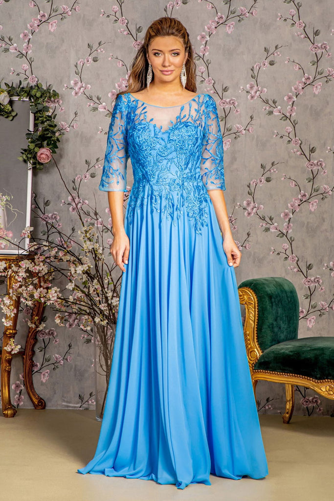 Bead Embroidered 3/4 Sleeve A-line Gown by GLS Gloria GL3445 - S / Perry Blue - Long Formal Dresses