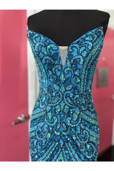 Bead Print Fitted Strapless Slit Gown by Jovani 38707 - Long Formal Dresses