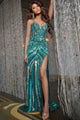 Bead Print Fitted Strapless Slit Gown by Jovani 38707 - 00 / Dark Green Multi - Long Formal Dresses