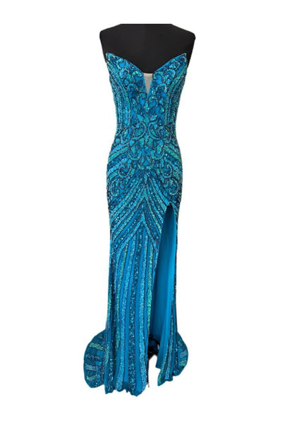 Bead Print Fitted Strapless Slit Gown by Jovani 38707 - 00 / Turquoise - Long Formal Dresses