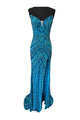 Bead Print Fitted Strapless Slit Gown by Jovani 38707 - 00 / Turquoise - Long Formal Dresses
