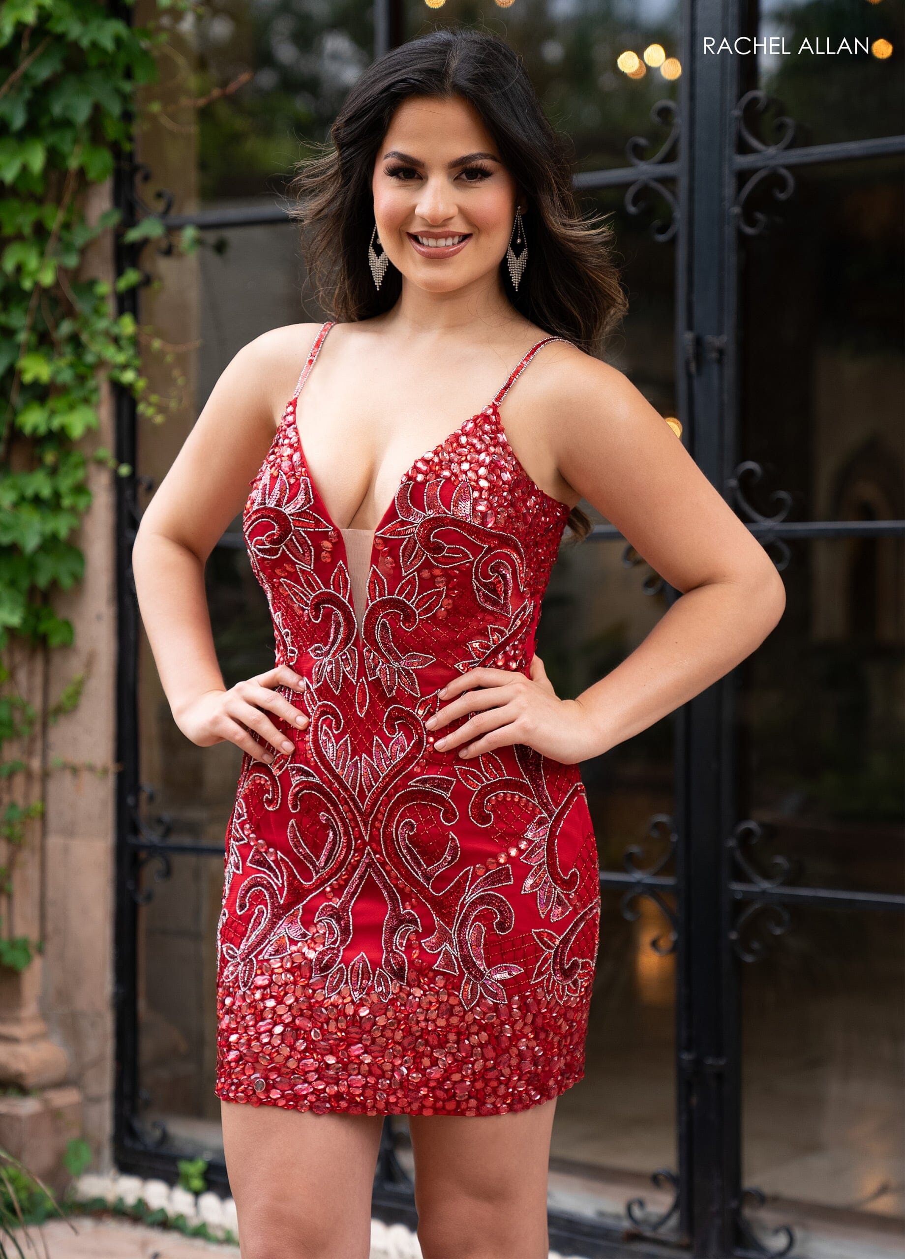 Rachel Allan 40471 Bead Print Short V-Neck Dress