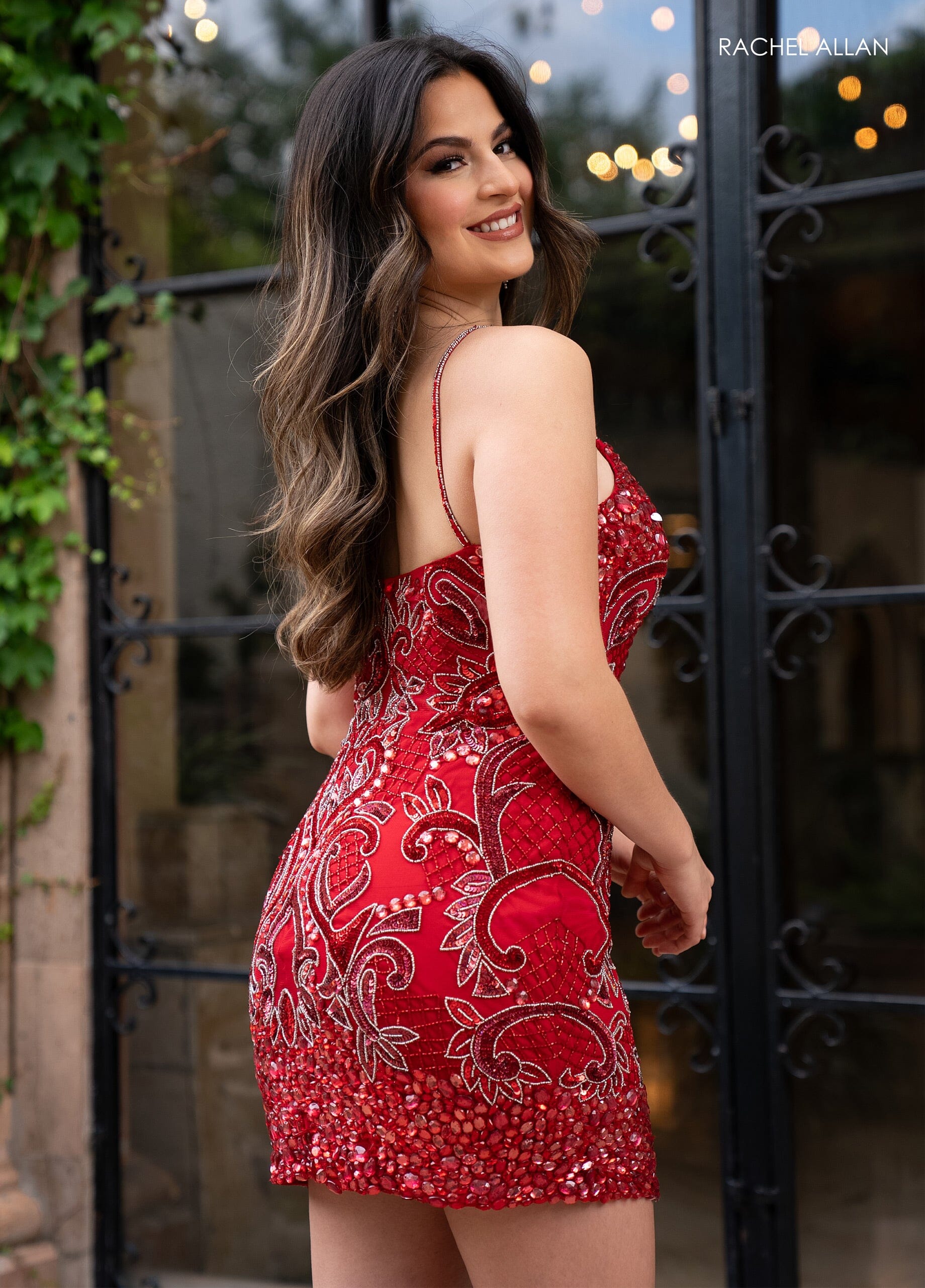 Rachel Allan 40471 Bead Print Short V-Neck Dress