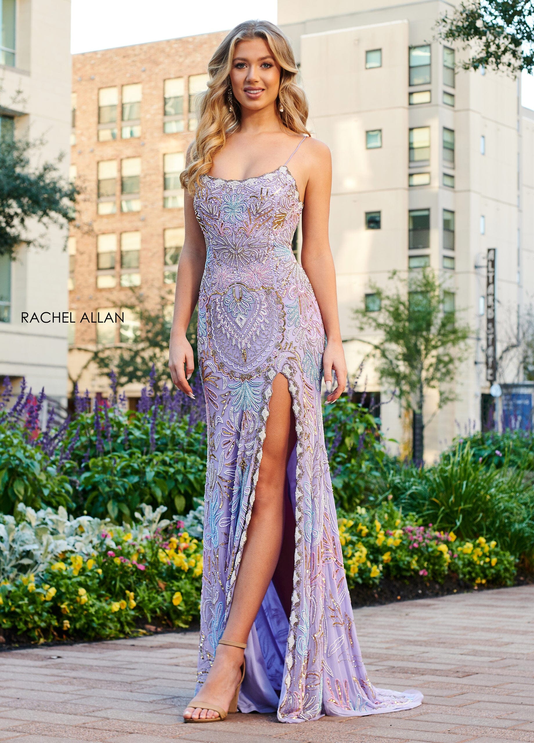 Rachel Allan 70002 Bead Print Sleeveless Slit Gown