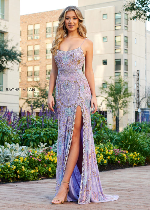 Rachel Allan 70002 Bead Print Sleeveless Slit Gown
