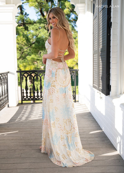 Rachel Allan 70002 Bead Print Sleeveless Slit Gown