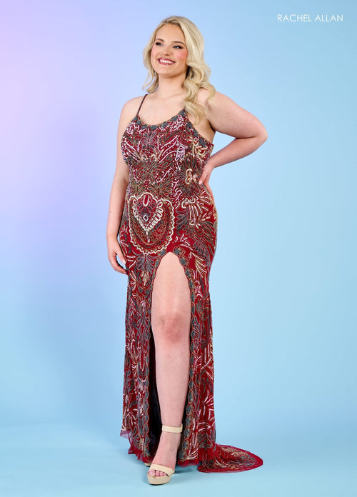 Rachel Allan 70002 Bead Print Sleeveless Slit Gown